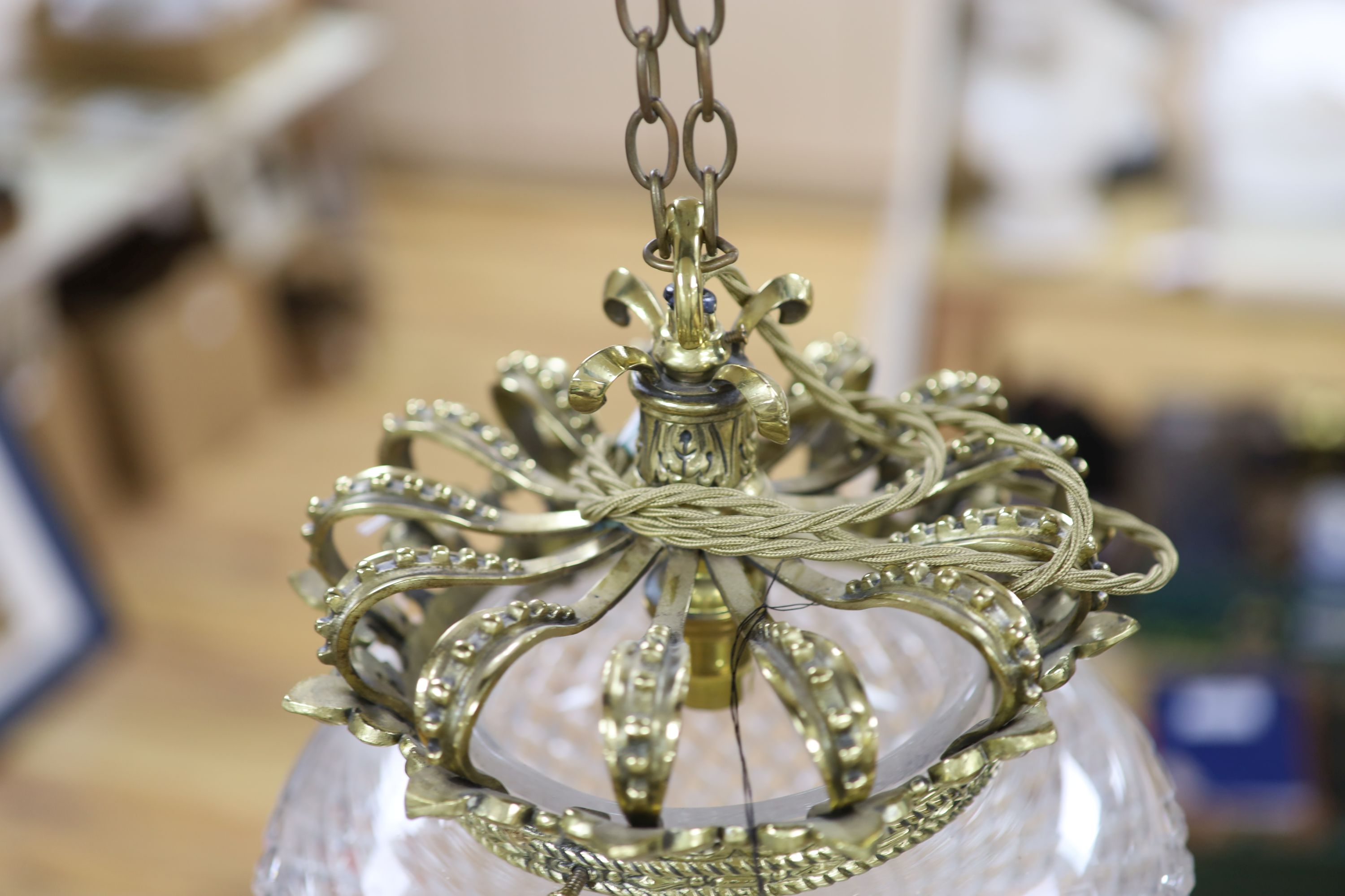 A cut glass and brass plaffonier